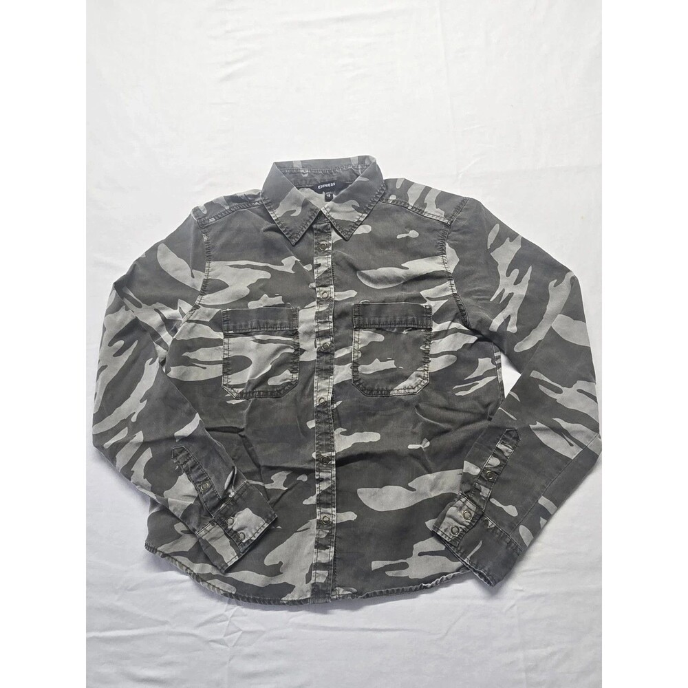 Express Shirt Womens XS Gray Camo Boyfriend Lyocell Long Sleeve Button Up